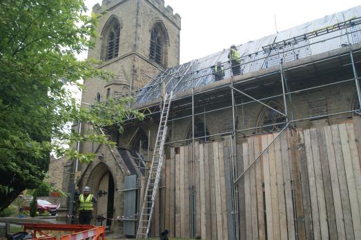 An image of Leyburn St Matthew Church with scaffolding