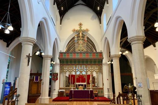 The interior of Aberdare St Elvan Church, facing the altar.