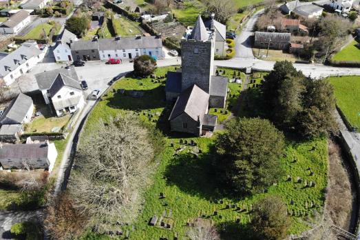 An aerial photograph of Llanfihangel Y Creuddyn St Michael Church