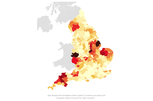 Map showing the heritage at risk danger zones in England