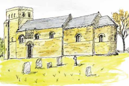 A yellow stone church