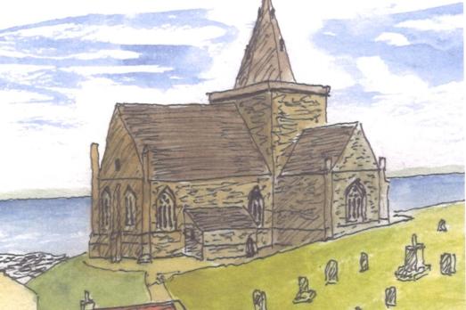 A grey church behind a graveyard