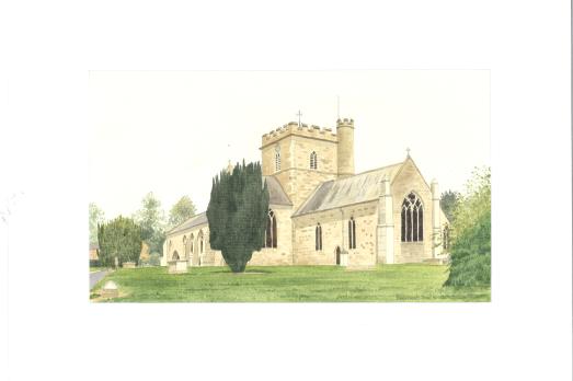 A watercolour painting of St Peter Church in Bromyard