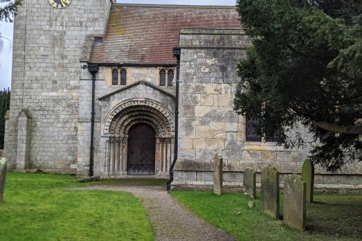 A grey stone church