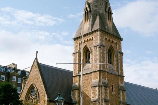 A yellow brick church