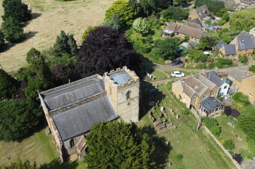 An aerial photograph of a rural church