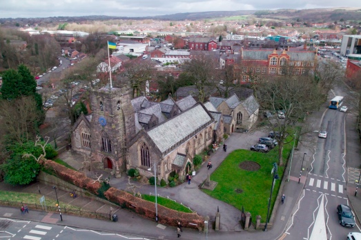 An aerial shot of Chorley St Laurence church