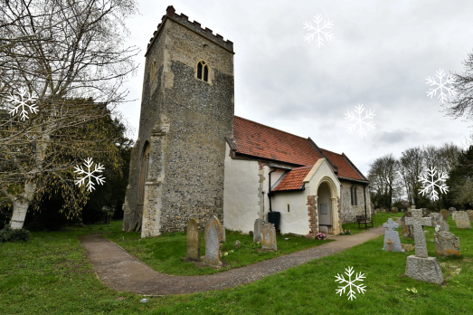A shot of St Mary & All Saints in Little Melton, with snowflake graphics.