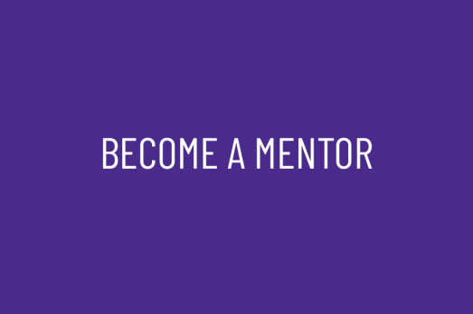 'Become a mentor' is written across a purple background
