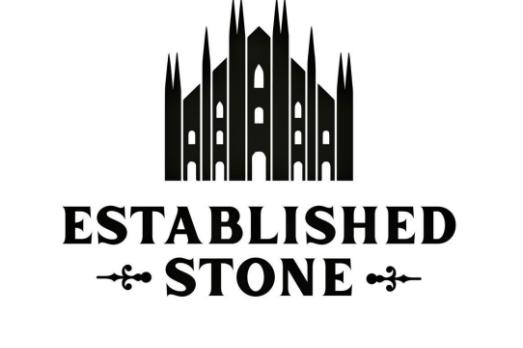 Black logo of church with text "Established Stone" underneath it