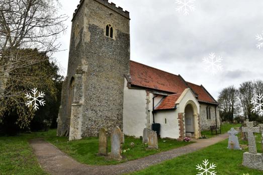 A shot of St Mary & All Saints in Little Melton, with snowflake graphics.