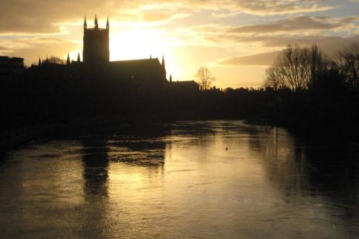 Worcester Cathedral silhouetted; photographed at sunrise