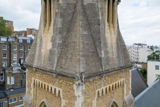 A close up of the stone tower at Christ Church