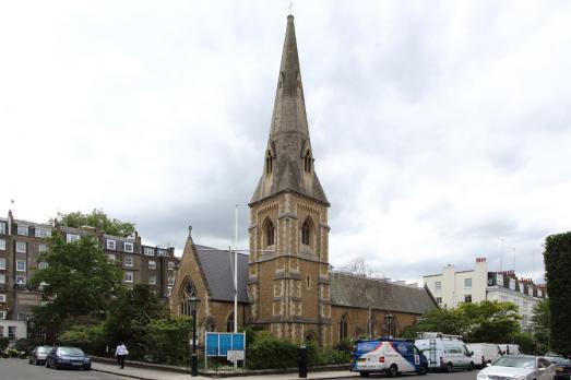 The exterior of Christ Church Kensington; you can see the stone building in full and its tower