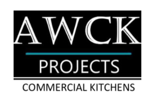 Black logo with white writing that reads AWCK PROJECTS Commercial Kitchens