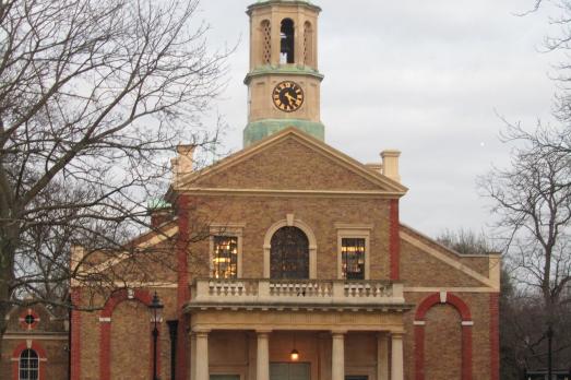 The exterior of St Anne in Kew; columns are at the front of the building