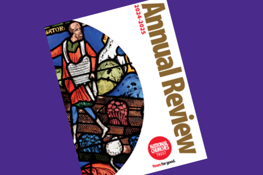 A photo of the front cover of the 2024 National Churches Trust Annual Review on a purple background