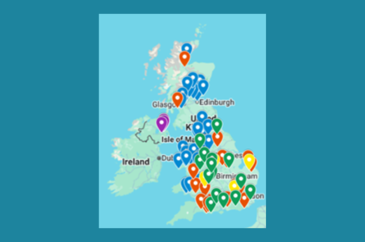 A screenshot of a map of the United Kingdom with all grants from March 2026 added as pins to the map