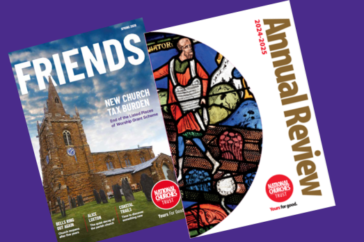 A magazine and an annual review on a purple background 