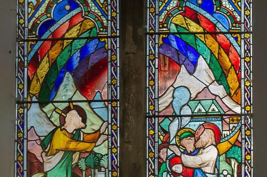 A brightly coloured stained glass window