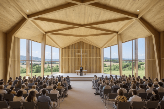 church congregation on either side of an aisle