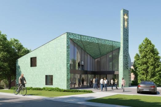 the exterior of a modern church