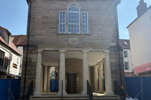 The front of a church