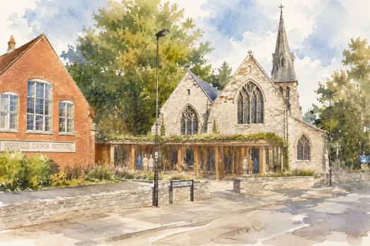 a watercolour painting of a church