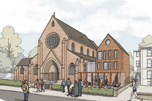 Coloured in sketch of church