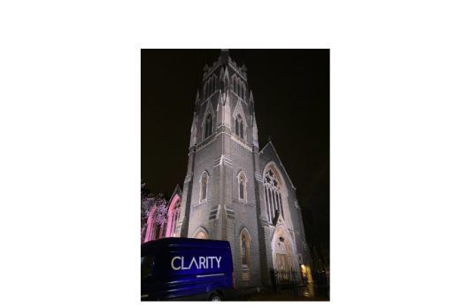 Church with dark sky in background