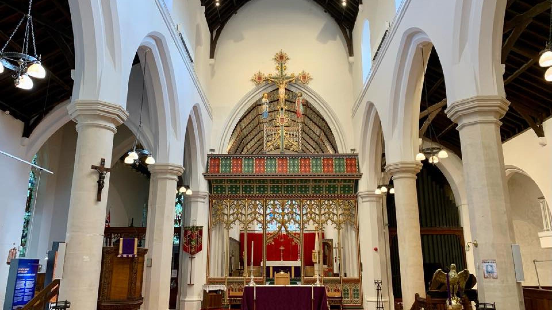 The interior of Aberdare St Elvan Church, facing the altar.