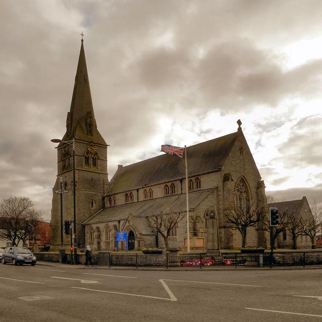 A photograph of Hindley St Peter Church from the outside on an overcast day.