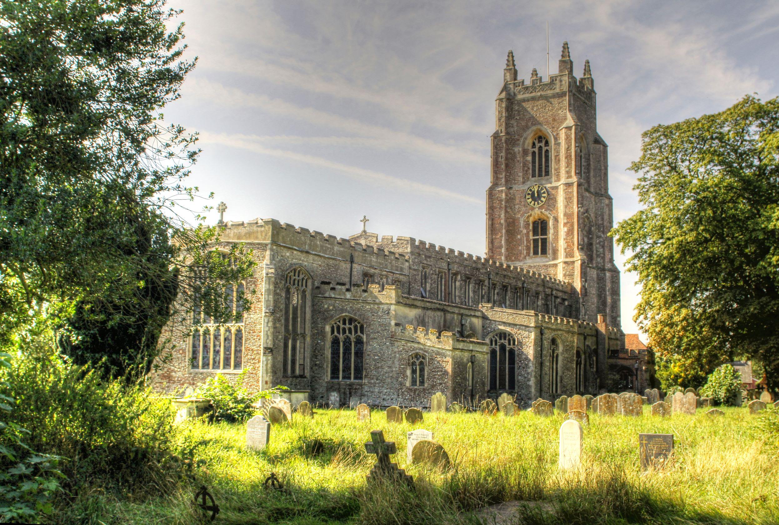 The church of St Mary’s, Stoke-by-Nayland in Suffolk, on a sunny day.
