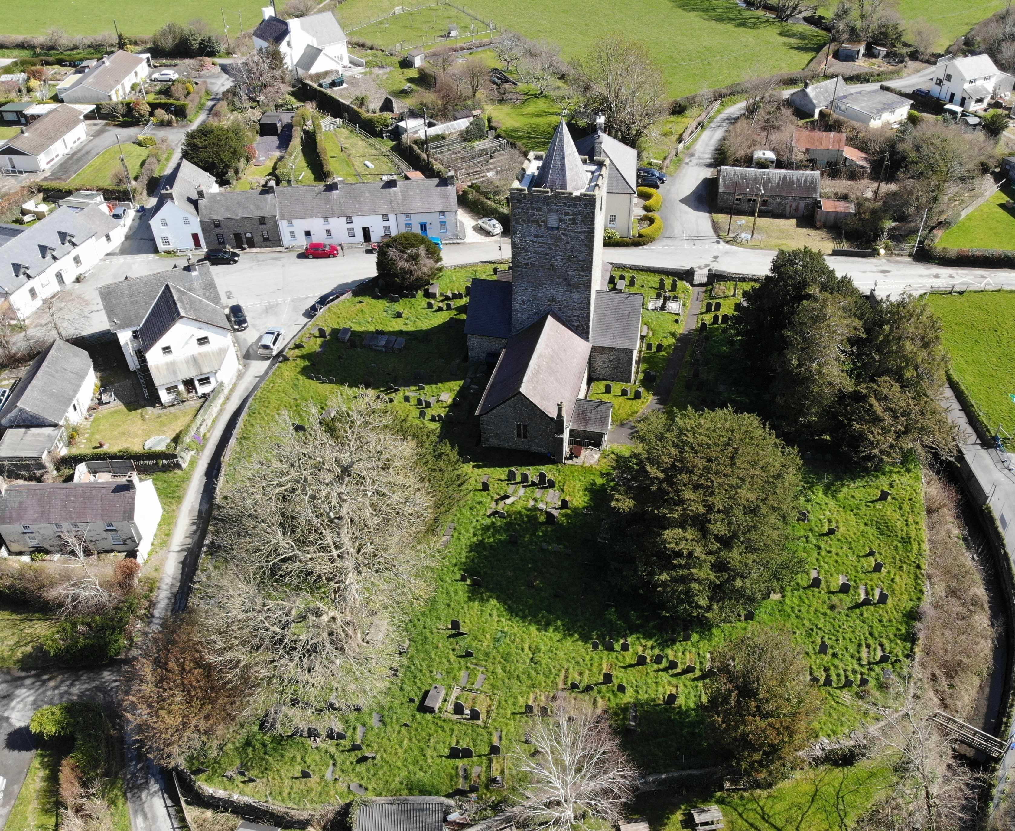 An aerial photograph of Llanfihangel Y Creuddyn St Michael Church