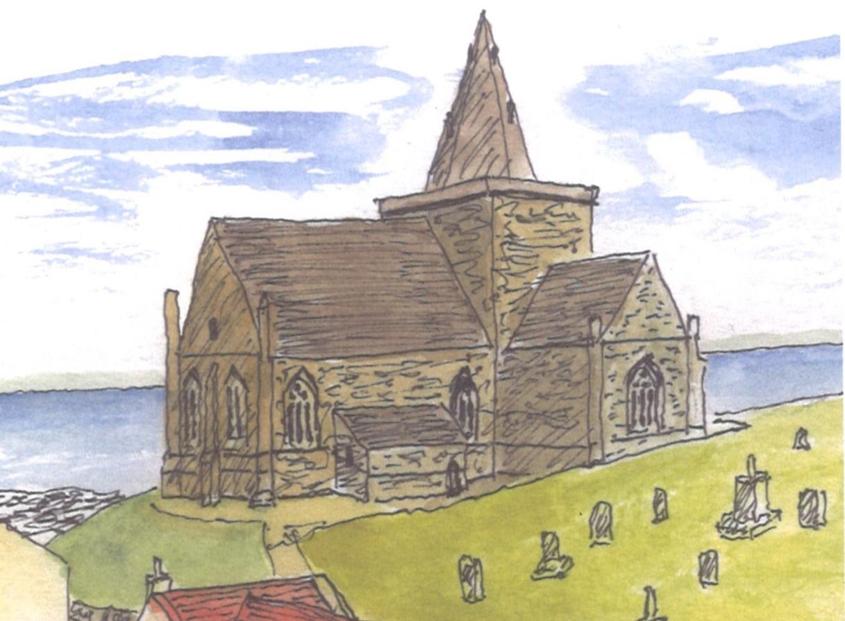 A grey church behind a graveyard