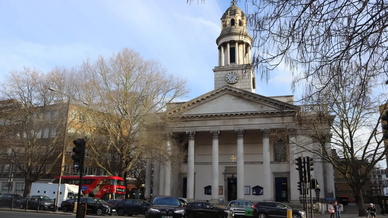 Exterior of grand regency church St Marylebone Parish church in London