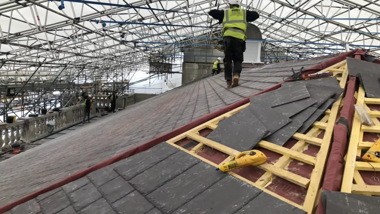 A workman on Marylebone Parish church roof during the repairs