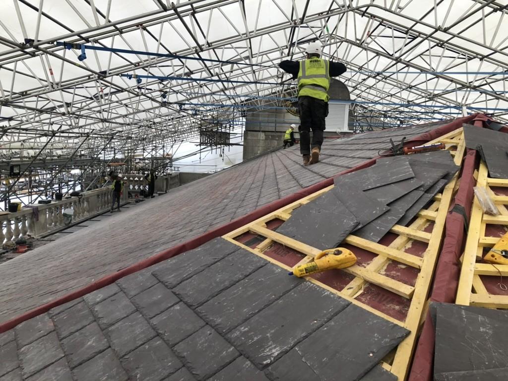A workman on Marylebone Parish church roof during the repairs