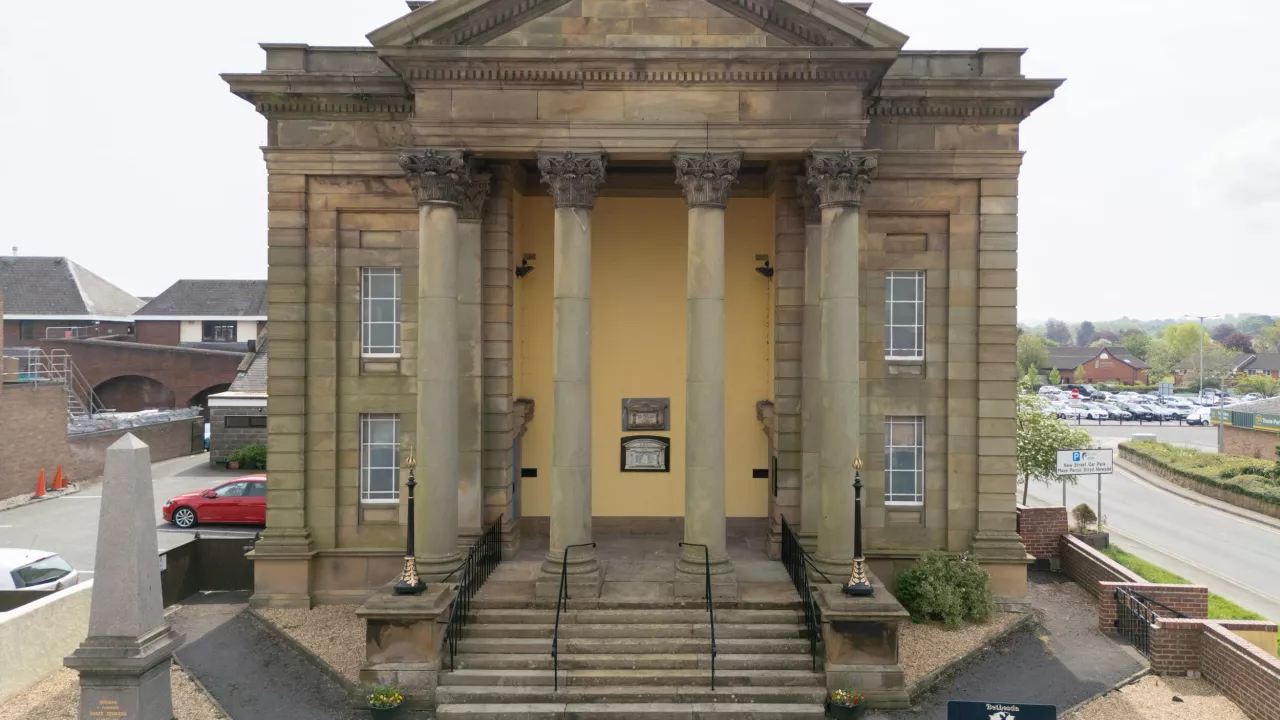 The outside of Bethesda Presbyterian Chapel in Mold, Flintshire. It has beautiful stone columns.