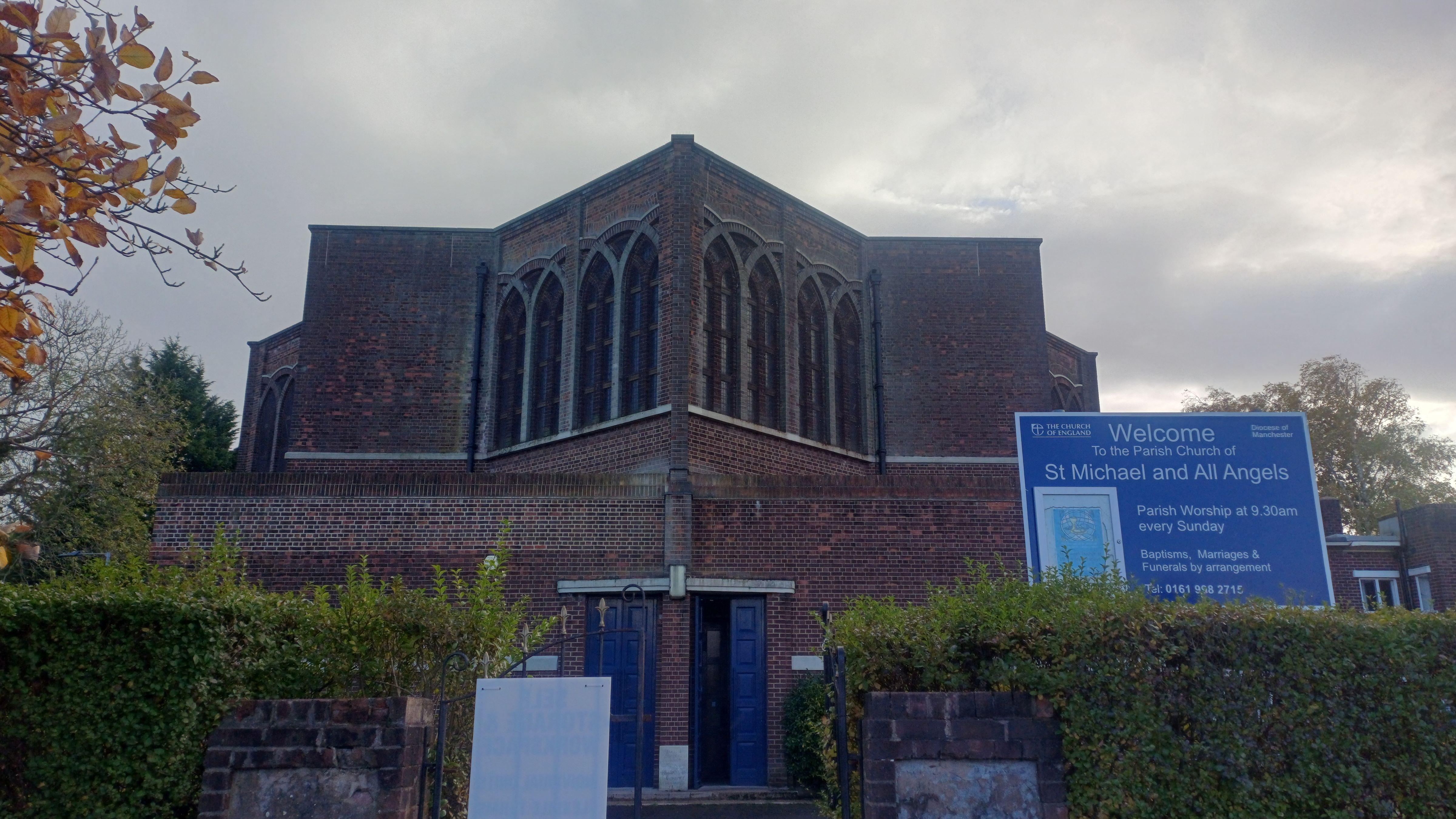 A wide shot of a church