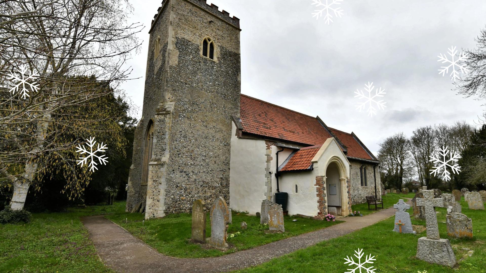 A shot of St Mary & All Saints in Little Melton, with snowflake graphics.