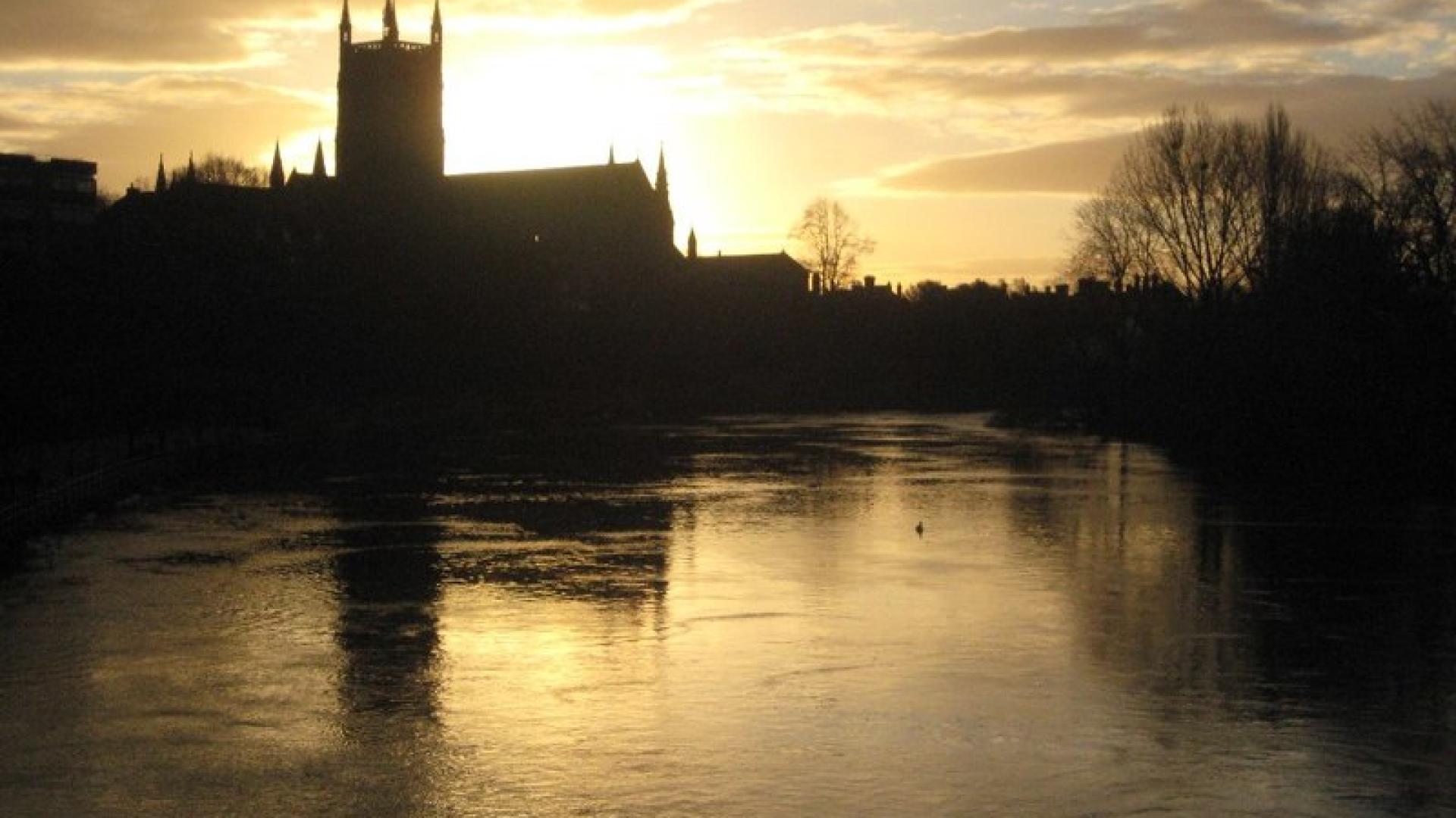 Worcester Cathedral silhouetted; photographed at sunrise