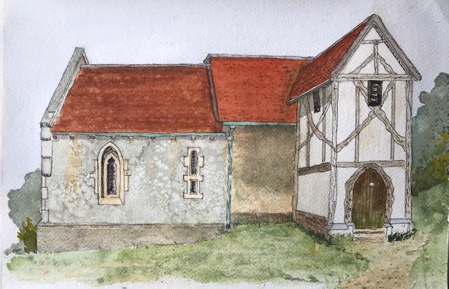 Watercolour of a church square-on