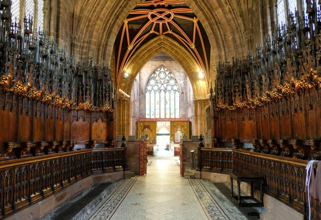 Interior shot of the choir stalls at Nantwich St Mary in Cheshire
