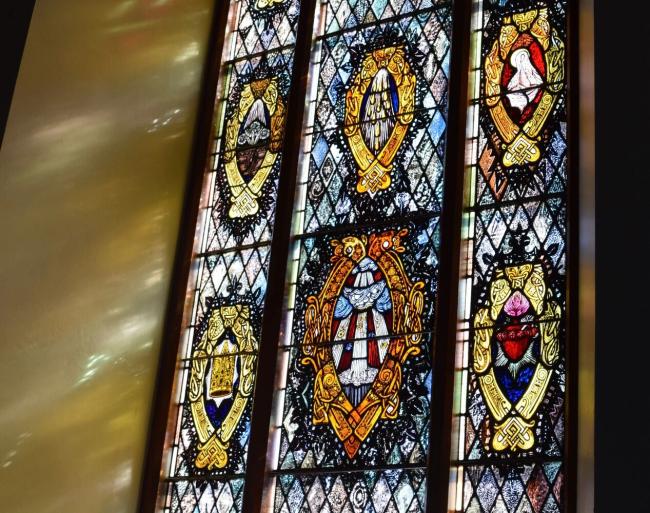 A close-up photo of a stained glass window