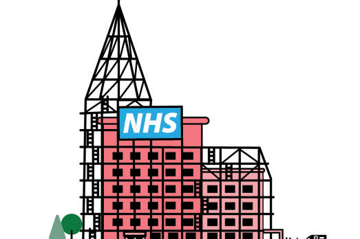 An image of a hospital overlaid by a scaffold of a church